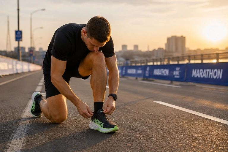 Sportista u crnoj sportskoj opremi kleči na asfaltnoj stazi i vezuje pertle na crno-zelenim Hoka patikama za trčanje pre maratona.