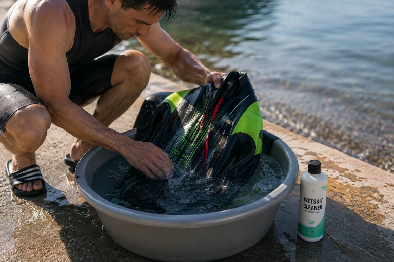 Triatlonac ručno ispira HUUB Surface 3:3 Fluo Green neoprensko odelo u hladnoj vodi nakon plivanja u otvorenim vodama, kako bi očuvao njegovu elastičnost i dugotrajnost.